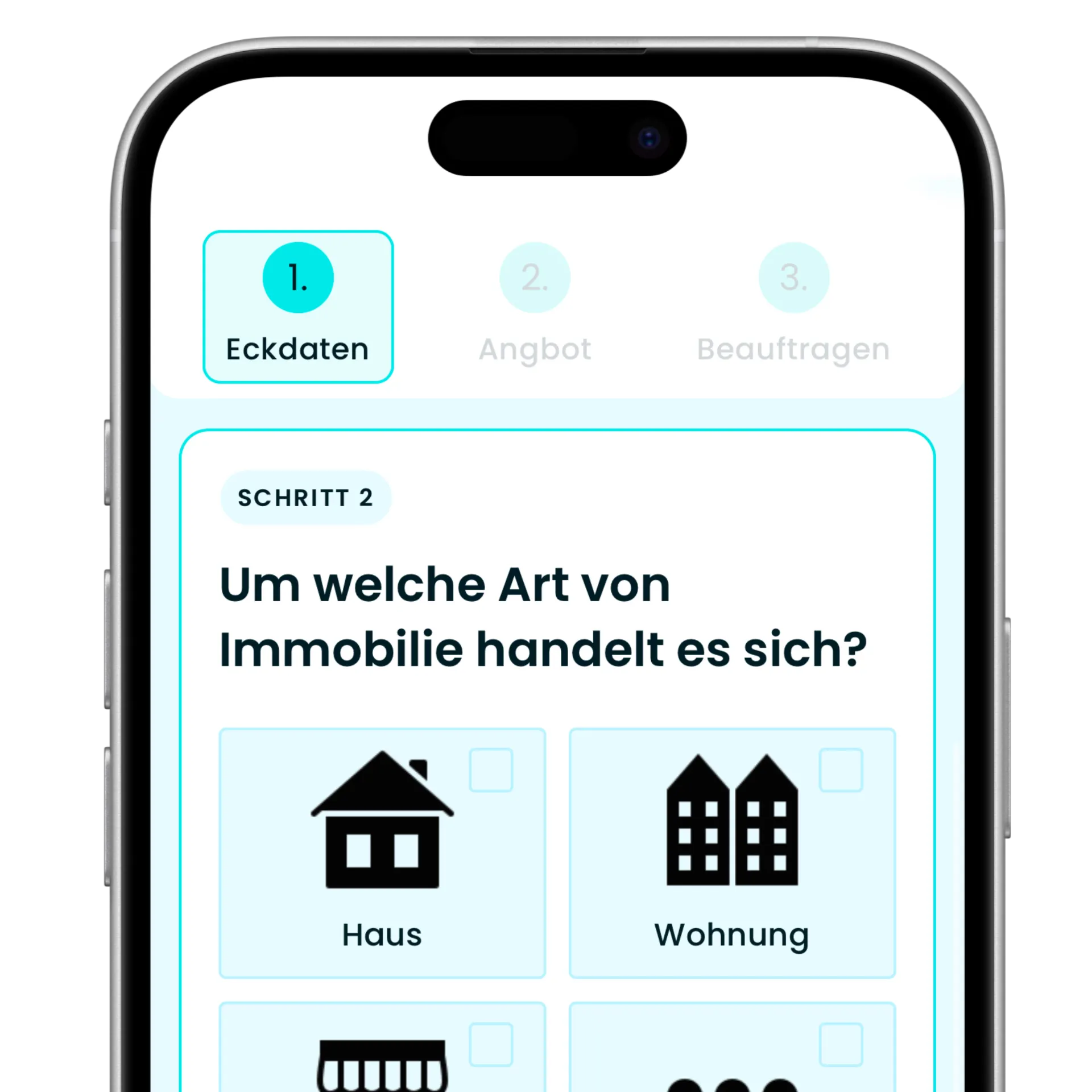 Iphone Mockup-Preiskonfigurator mit der Auswahl von Art der Immobilie