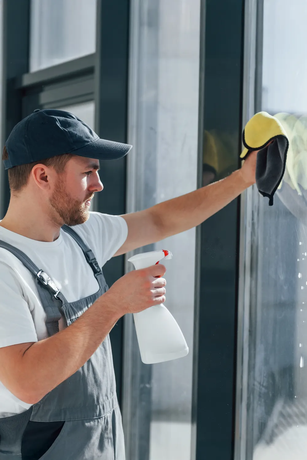 Fensterputzer reinigt Fensterscheibe mit einem Tuch und sprüht mit einer Flasche etwas auf die Scheibe
