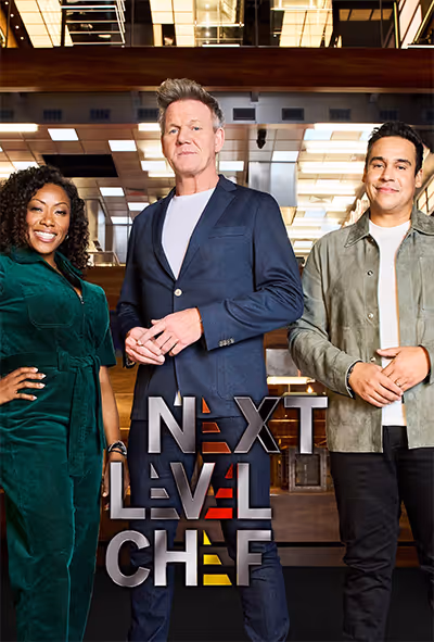 A man and a woman stand in front of a sign that says Next Level Chef.