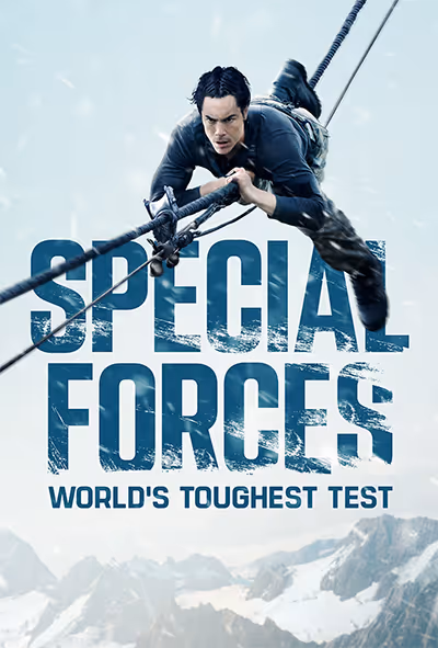 A man is hanging from a wire in a Special Forces movie.