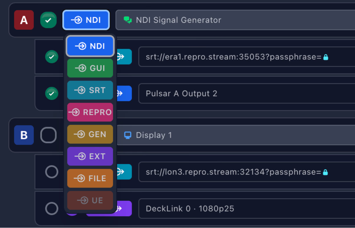 Pulsar Desktop source rows with the input type menu open, listing NDI, GUI, SRT, RePro, GEN, EXT and FILE.