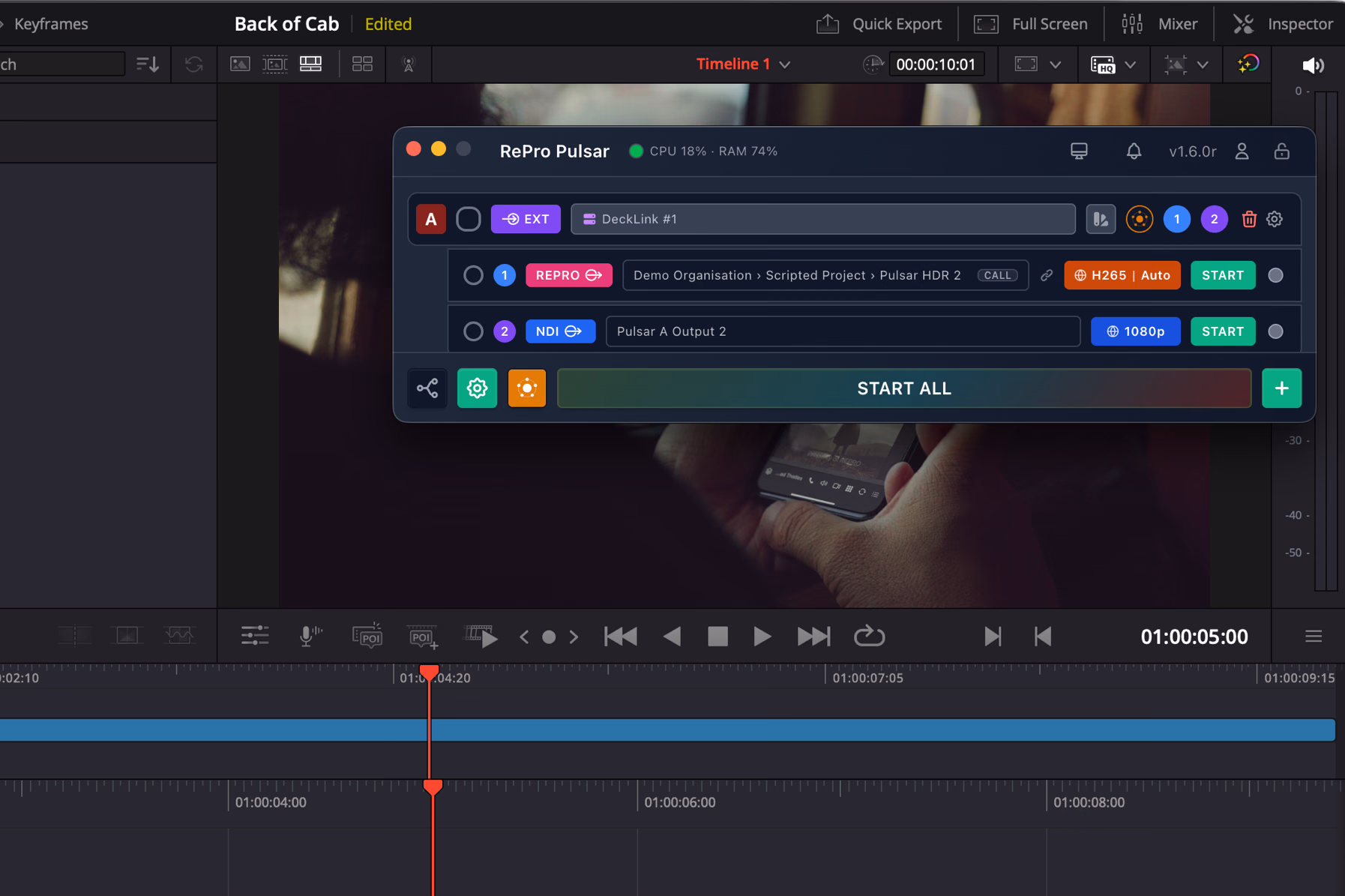 The Pulsar Desktop window floating over a DaVinci Resolve edit timeline, with a DeckLink source feeding RePro and NDI outputs.