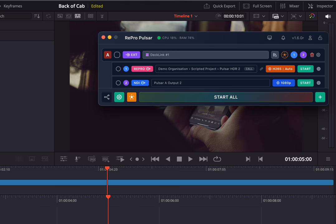 The Pulsar Desktop window floating over a DaVinci Resolve edit timeline, with a DeckLink source feeding RePro and NDI outputs.