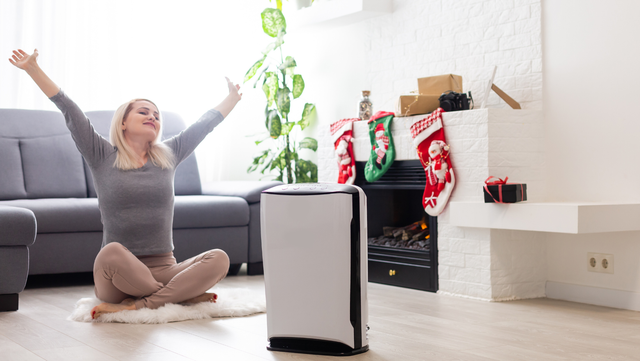 Air purifier in the living room with a woman, indoor plants, Christmas stockings, and a fireplace in the background.