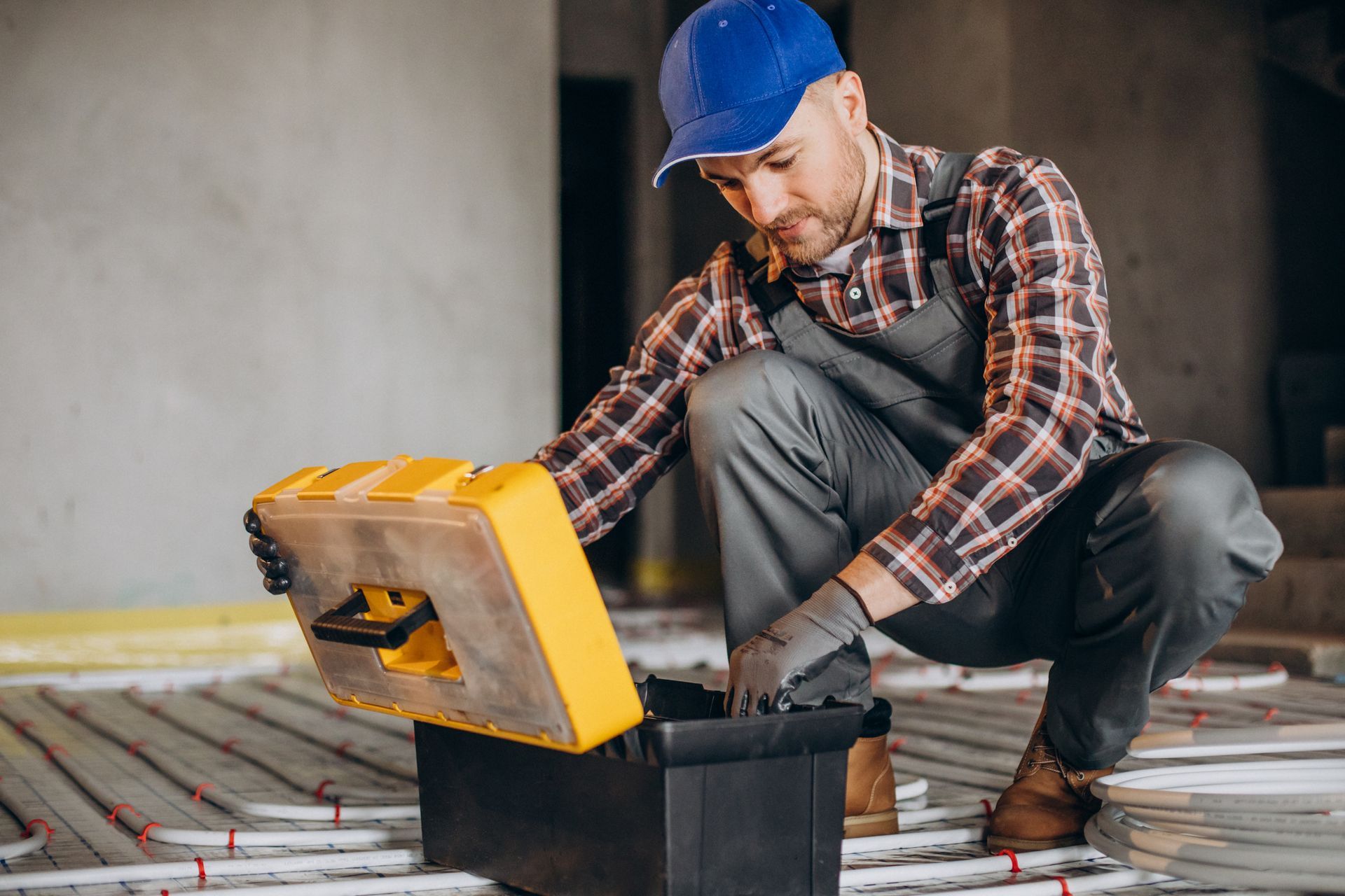 Service technician inspecting heating system components in a residential setting, emphasizing HVAC maintenance and installation.