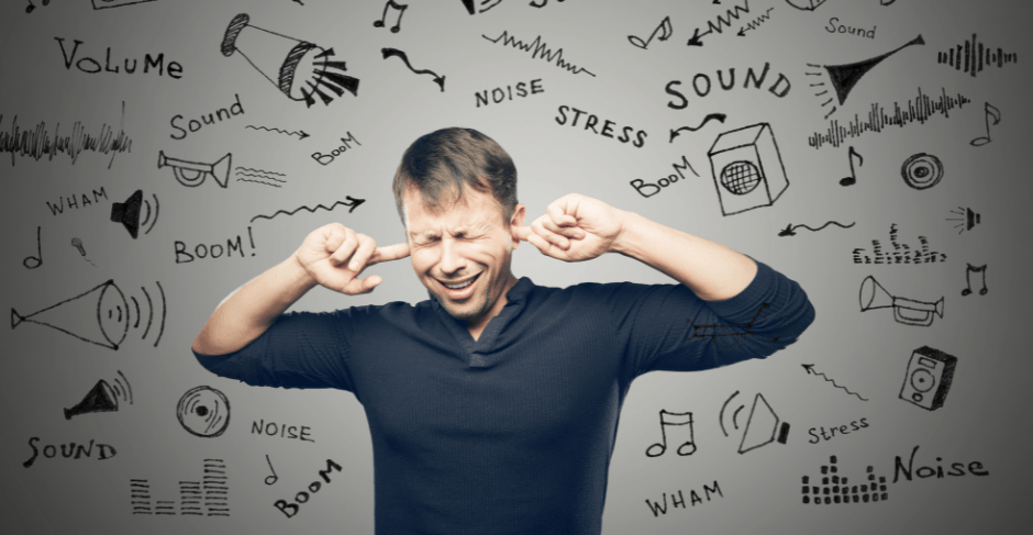 Man covering ears with a distressed expression, surrounded by illustrations of sound-related terms like "Noise," "Volume," and "Stress," emphasizing issues with air conditioning noise in HVAC context.