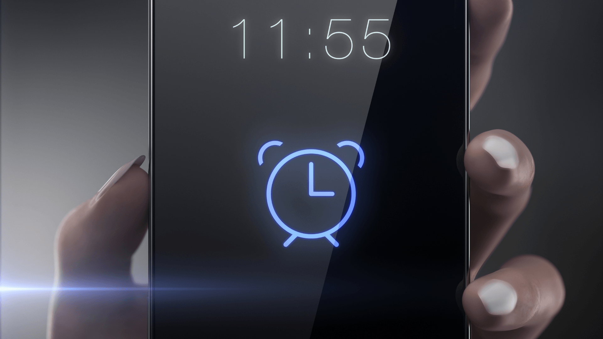 Smartphone displaying time 11:55 with alarm icon, illustrating control features for Google Nest Thermostat.