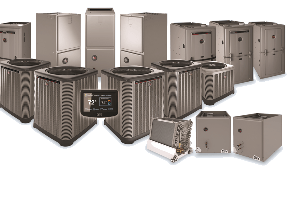 HVAC equipment display featuring various heating and cooling units, including air conditioners, heat pumps, and a smart thermostat, representing advanced energy-efficient technology for optimal indoor comfort.