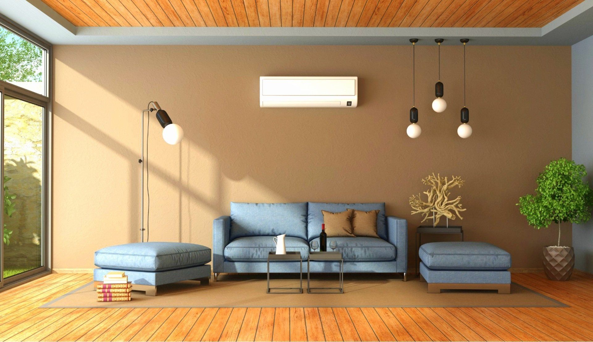 Modern living room featuring a blue sofa and ottoman, air conditioning unit on the wall, decorative lamp, and indoor plants, emphasizing indoor comfort and air quality.
