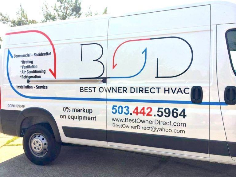 Best Owner Direct HVAC service van displaying contact information and services for residential and commercial heating, ventilation, and air conditioning in Forest Grove, Oregon.