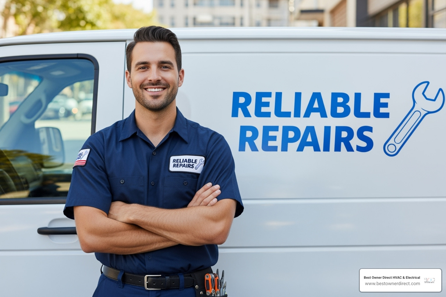 a professional technician smiling in front of a service van - water heaters 24 hour service in cedar mill portland or