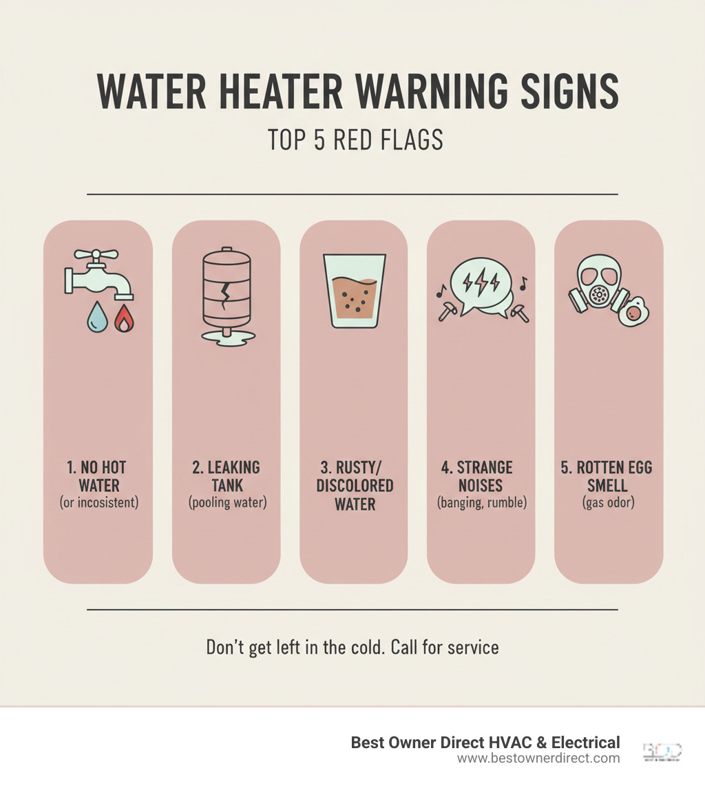 Infographic showing the top 5 warning signs your water heater is about to fail: 1. No hot water or water not heating properly, 2. Leaking tank or pooling water around the unit, 3. Rusty or discolored water from faucets, 4. Strange noises like banging, popping, or rumbling, 5. Rotten egg smell or gas odor near the unit - water heaters 24 hour service in cedar mill portland or infographic 