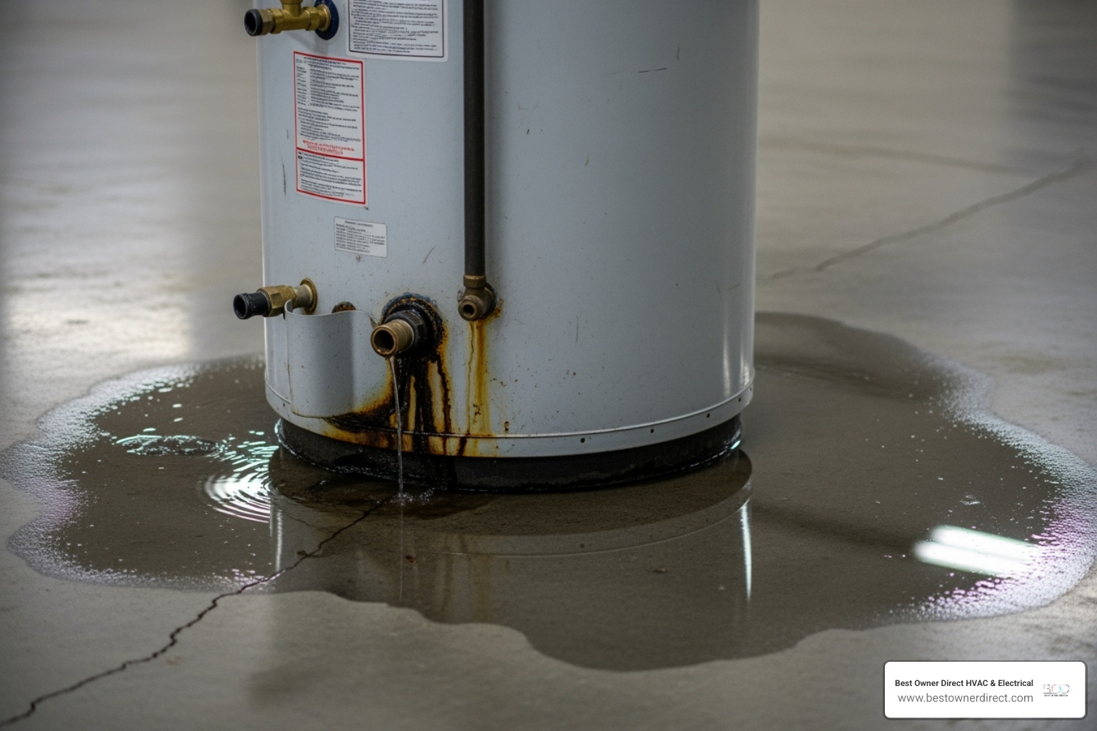 leaking water heater tank with water pooling on the floor - water heaters 24 hour service in tigard or