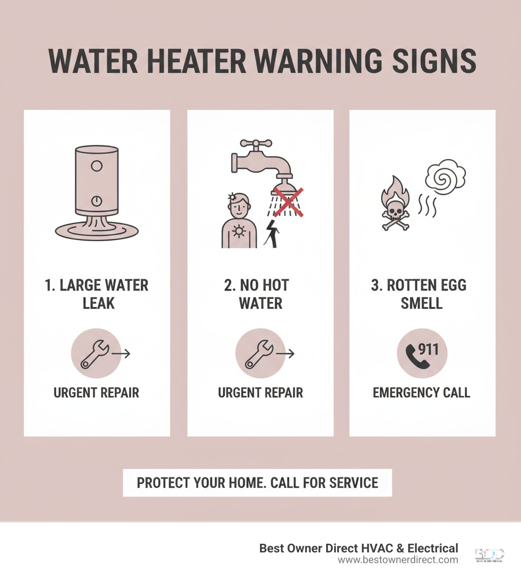 Infographic showing three critical water heater failure signs: 1) Large water leak or pooling around the tank base, 2) Complete loss of hot water throughout the home, 3) Rotten egg smell indicating a dangerous gas leak - with icons showing when to call emergency services immediately versus scheduling urgent repair - water heaters 24 hour service in tigard or infographic 