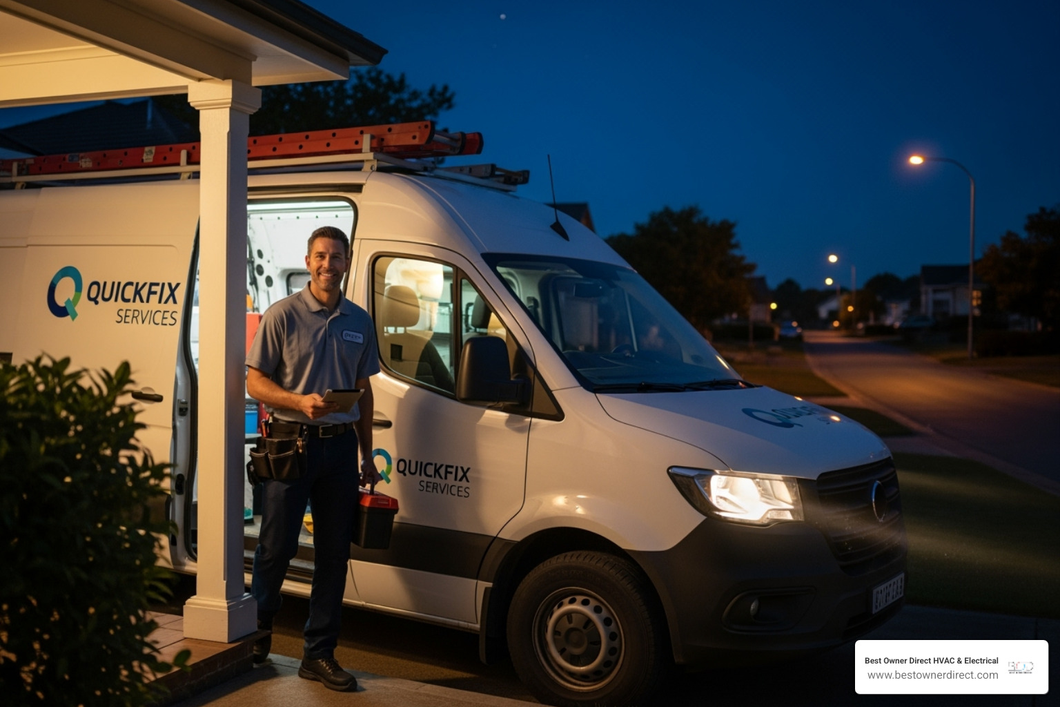 friendly technician arriving in a service van at night - water heaters 24 hour service in tigard or