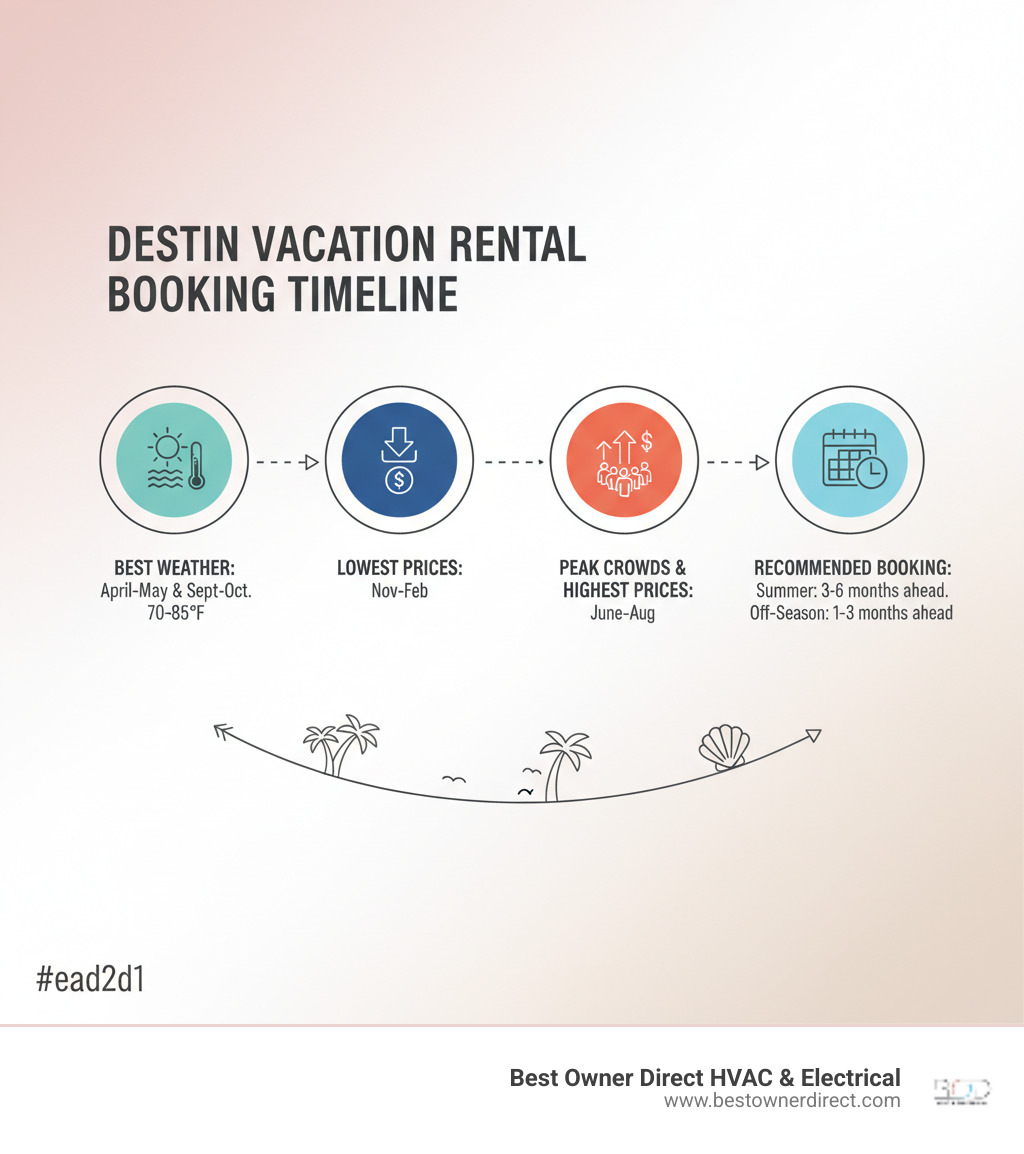 Infographic showing Destin vacation rental booking timeline: Best weather April-May and September-October with temperatures 70-85°F, lowest prices November-February, peak crowds June-August with highest prices, recommended booking window 3-6 months ahead for summer and 1-3 months for off-season - vacation rentals destin fl infographic 