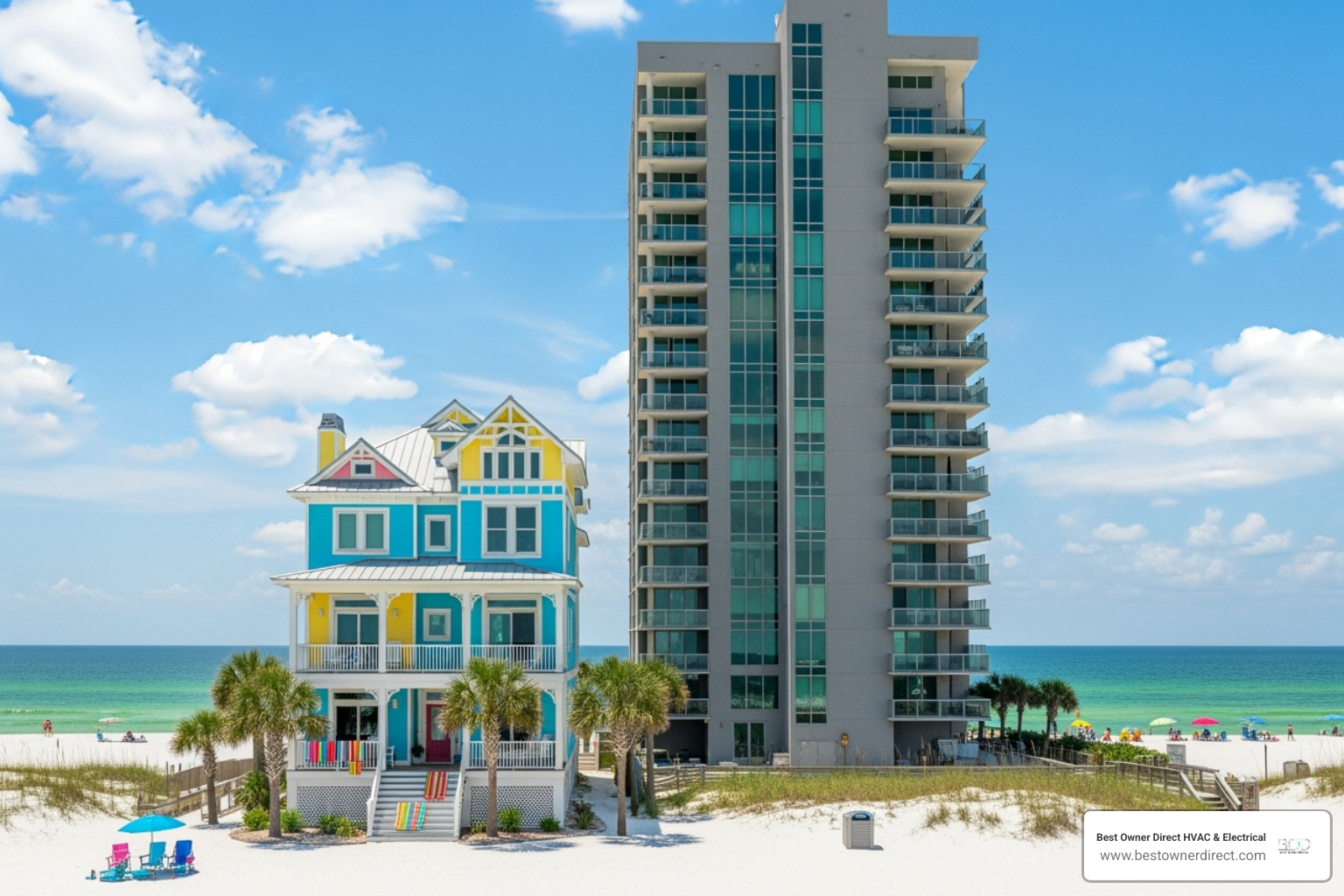 A large, colorful beachfront house next to a modern high-rise condo building in Destin - vacation rentals destin fl