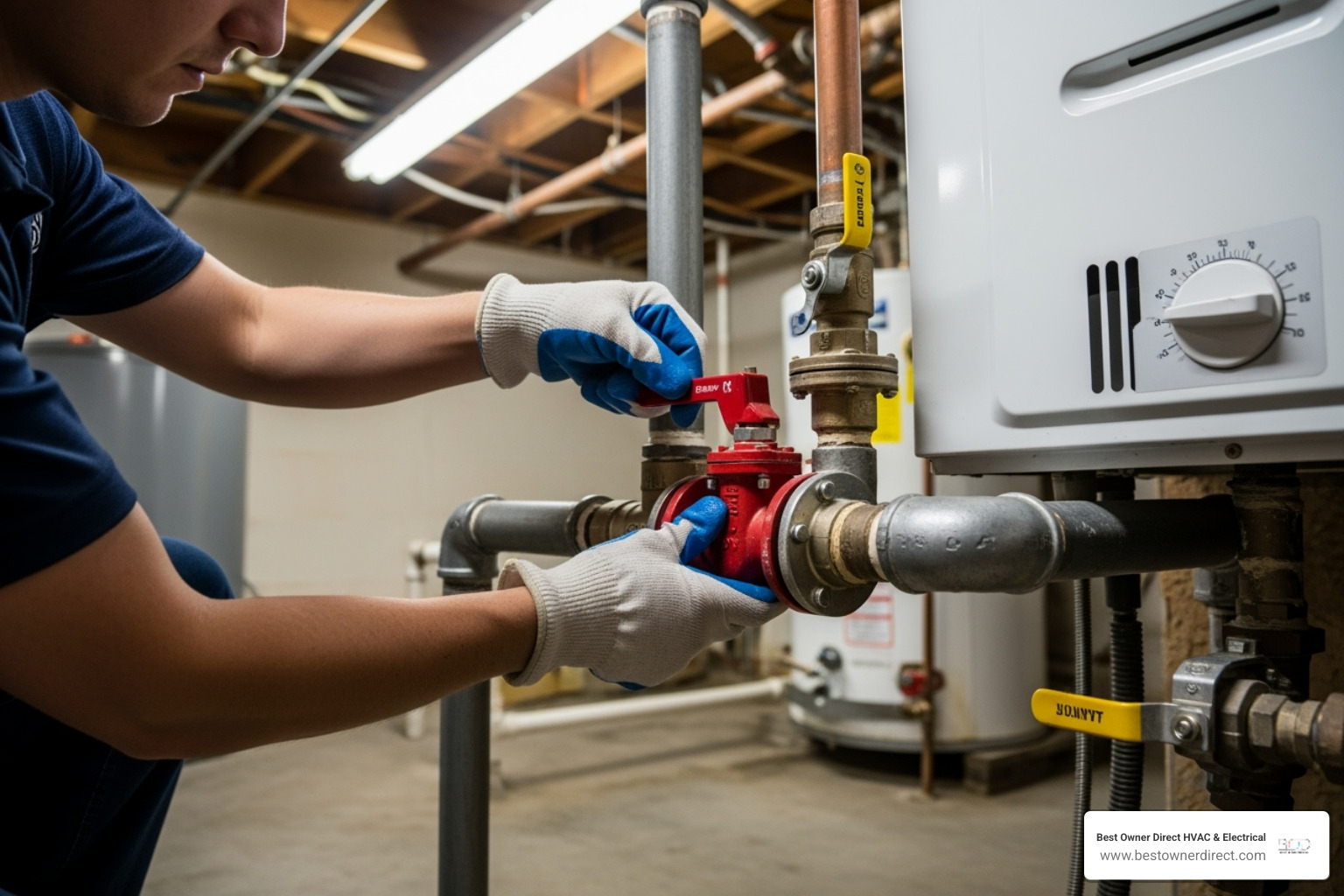 person safely shutting off water valve - water heaters 24 hour service in kings heights portland or