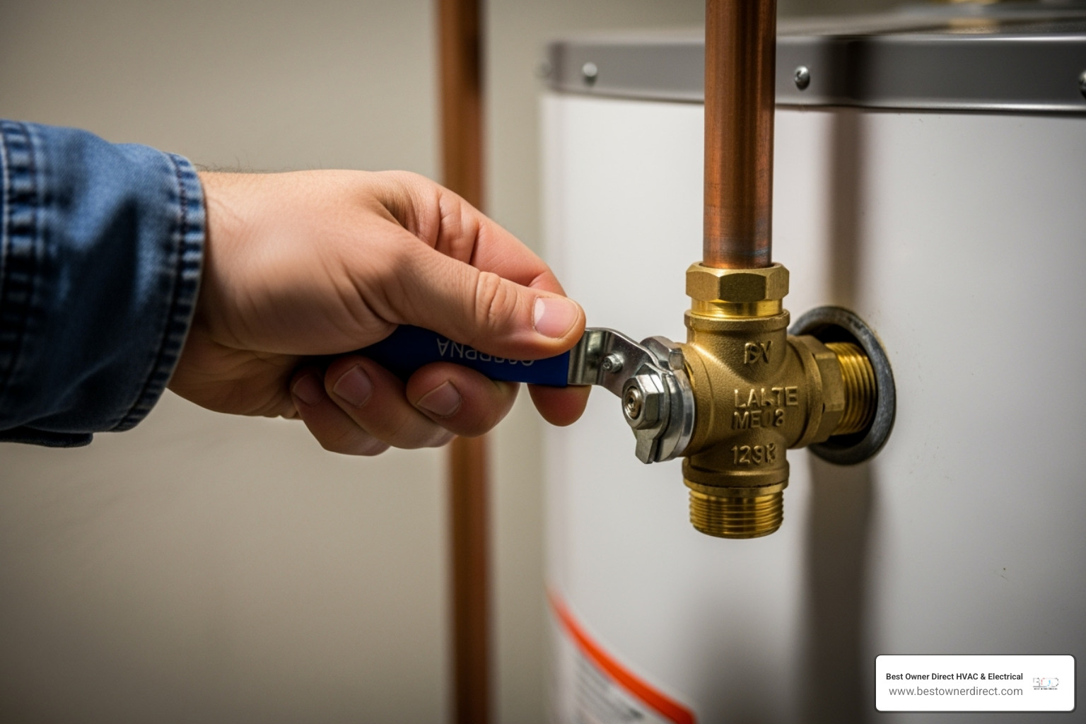 A hand turning a water heater shut-off valve - water heaters emergency repair in northwest heights portland or A hand turning a water heater shut-off valve - water heaters emergency repair in northwest heights portland or