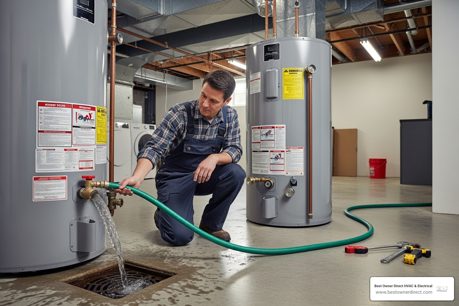 A homeowner flushing their water heater tank - water heaters emergency repair in northwest heights portland or A homeowner flushing their water heater tank - water heaters emergency repair in northwest heights portland or
