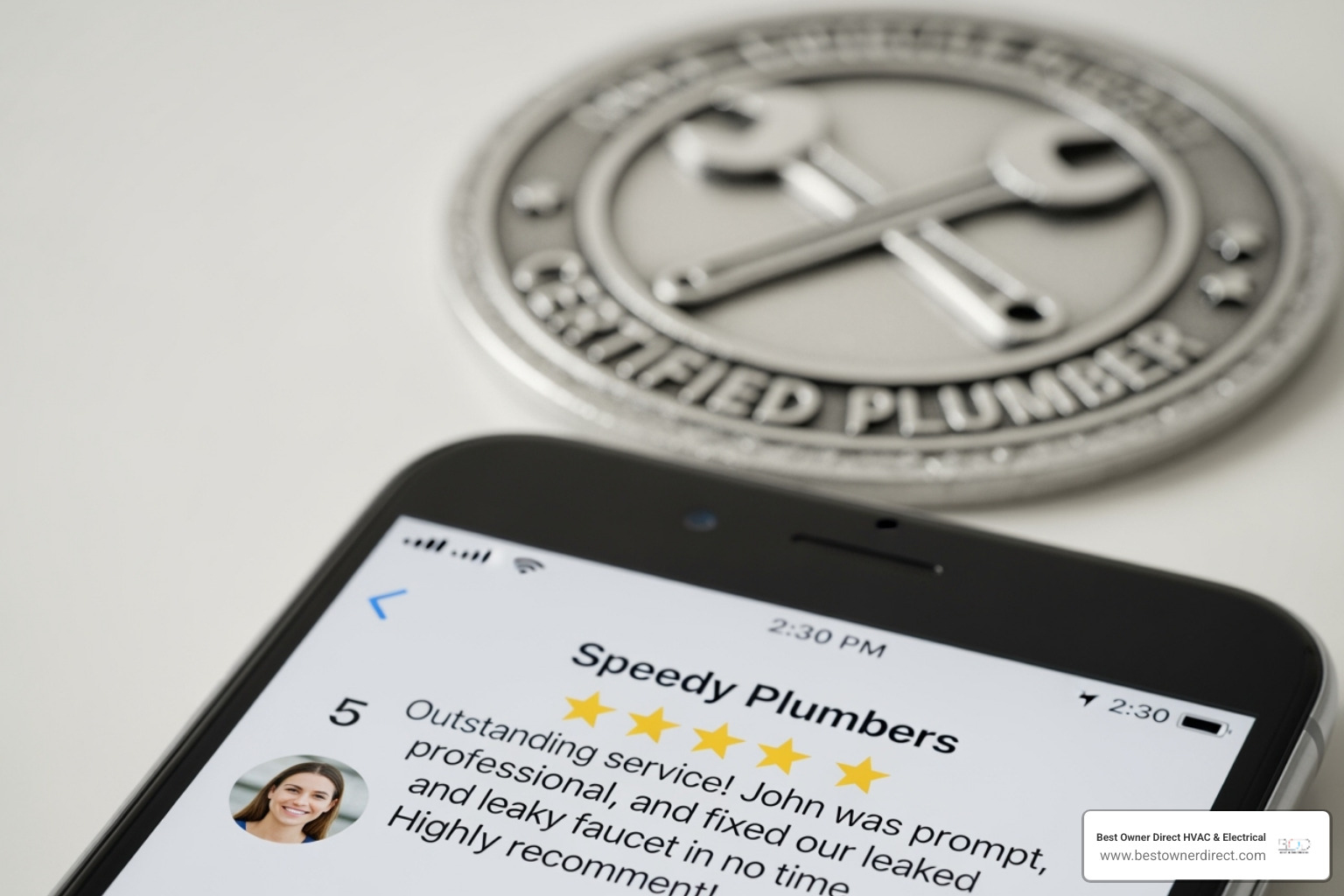 A certified plumber's badge and a 5-star review on a phone - water heaters emergency repair in northwest heights portland or A certified plumber's badge and a 5-star review on a phone - water heaters emergency repair in northwest heights portland or