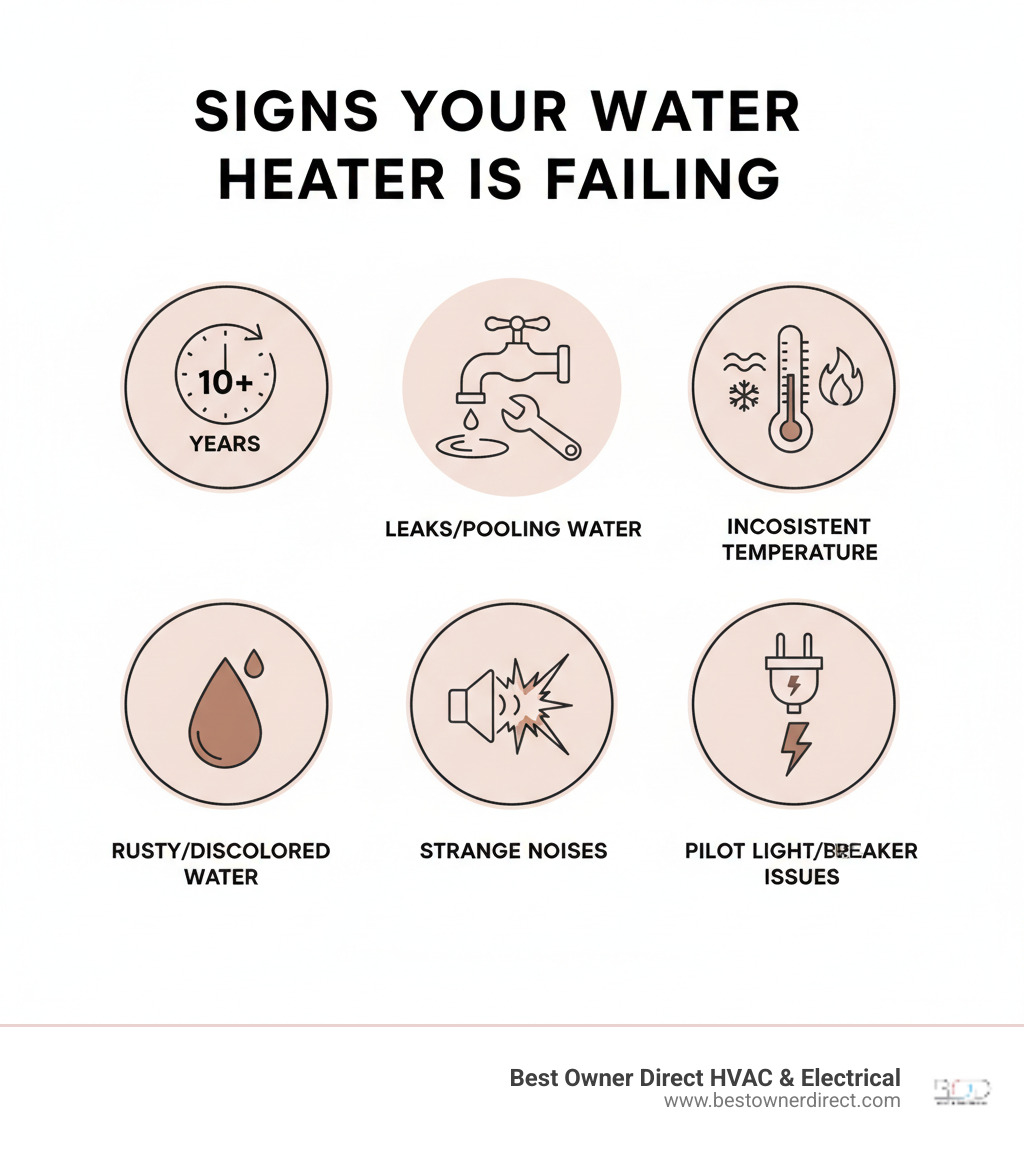 Infographic showing key signs a water heater is failing: water heater age over 10 years, visible leaks or pooling water around the base, inconsistent water temperature or no hot water, rusty or discolored water from taps, strange rumbling or banging noises, frequent pilot light issues or circuit breaker trips - water heaters best company in bull mountain tigard or infographic 