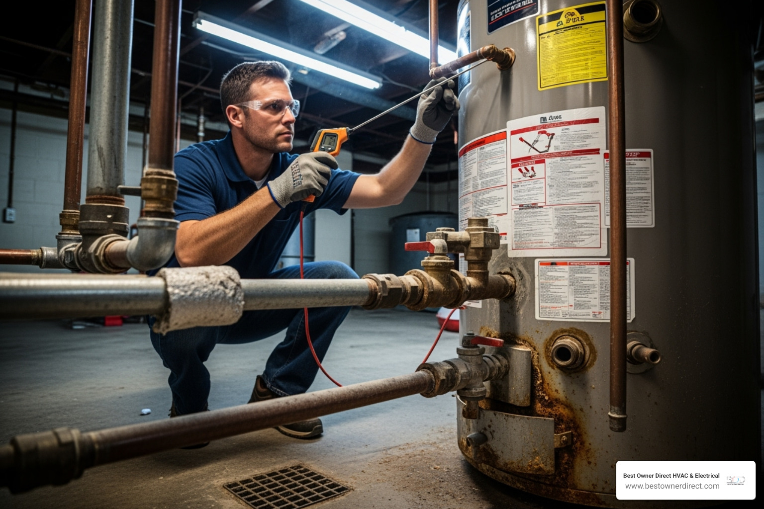 technician inspecting an older water heater - water heaters best company in bull mountain tigard or