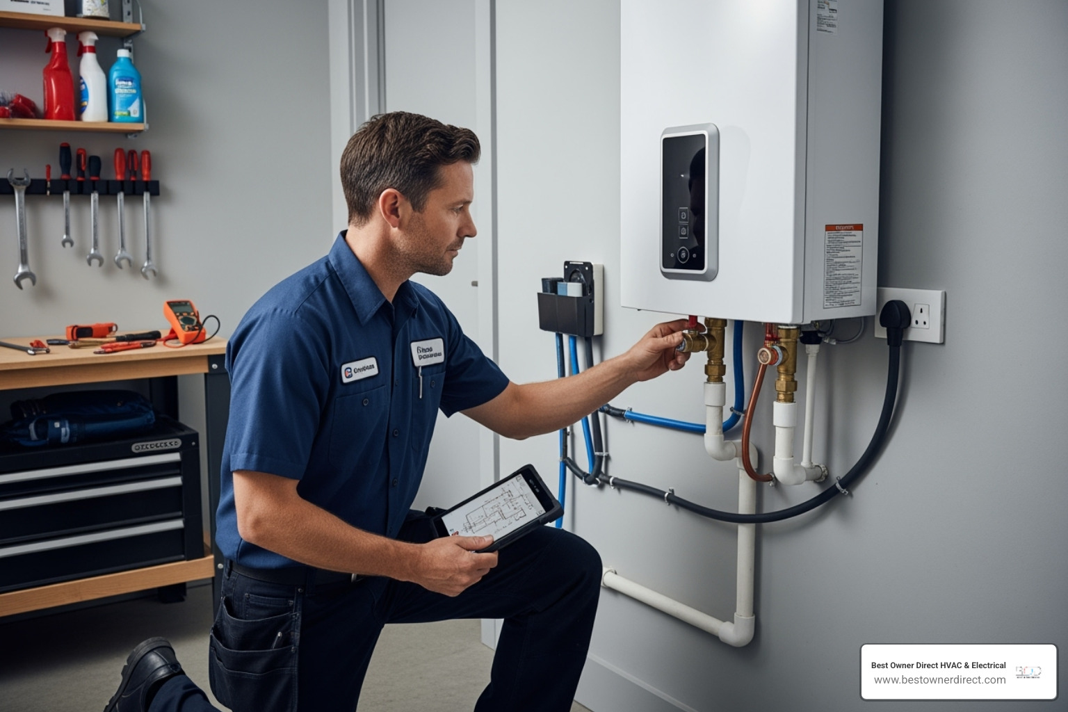 Technician inspecting tankless water heater - water heaters 24 hour service in portland or Technician inspecting tankless water heater - water heaters 24 hour service in portland or