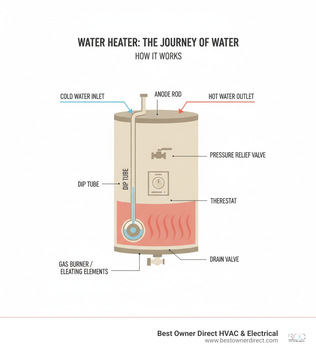 Infographic showing the journey of water through a water heater system: cold water enters through the dip tube at the top, travels to the bottom where it's heated by gas burner or electric elements, hot water rises and exits through the hot water outlet pipe, with labels for key components including thermostat, anode rod, pressure relief valve, and drain valve - water heaters repair in arlington heights portland or infographic  Infographic showing the journey of water through a water heater system: cold water enters through the dip tube at the top, travels to the bottom where it's heated by gas burner or electric elements, hot water rises and exits through the hot water outlet pipe, with labels for key components including thermostat, anode rod, pressure relief valve, and drain valve - water heaters repair in arlington heights portland or infographic