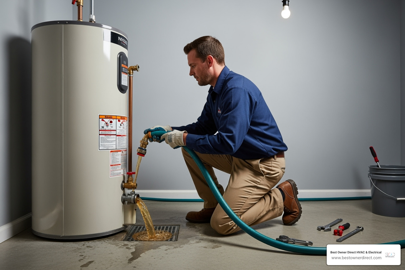 Technician flushing a water heater tank - water heaters repair in arlington heights portland or Technician flushing a water heater tank - water heaters repair in arlington heights portland or