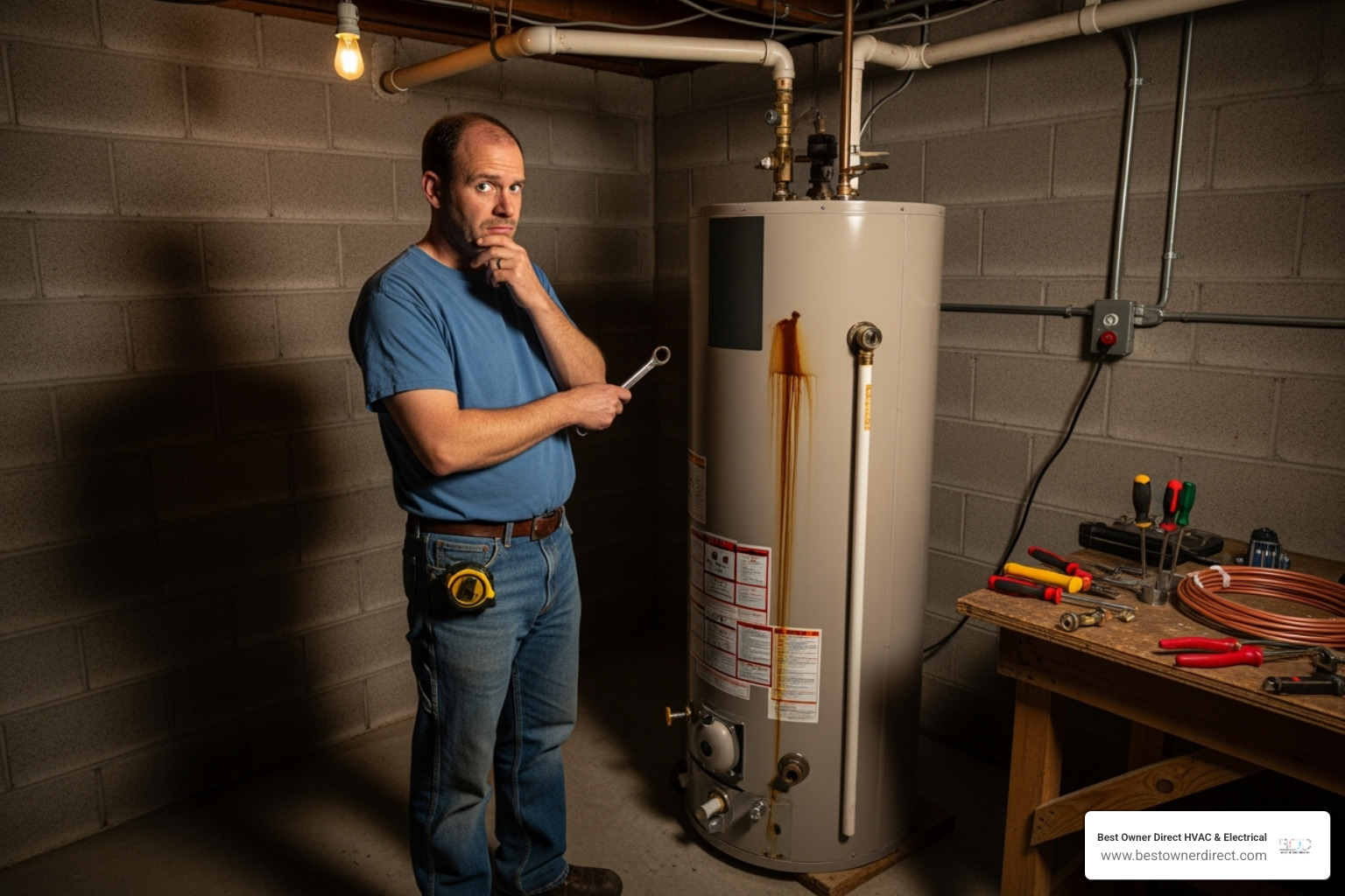 Homeowner looking quizzically at their water heater - water heaters repair in arlington heights portland or Homeowner looking quizzically at their water heater - water heaters repair in arlington heights portland or