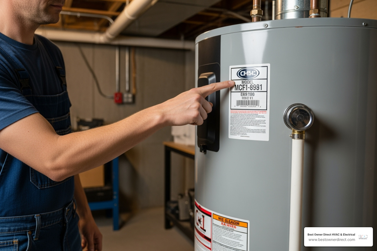 homeowner pointing to their water heater's model number sticker - water heaters 24 hour service in forest highlands lake oswego or homeowner pointing to their water heater's model number sticker - water heaters 24 hour service in forest highlands lake oswego or