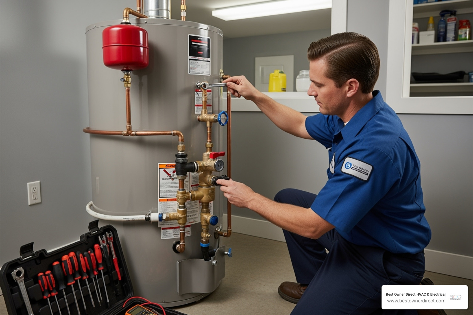 Technician performing annual maintenance on a water heater - water heaters 24 hour service in reedville hillsboro or