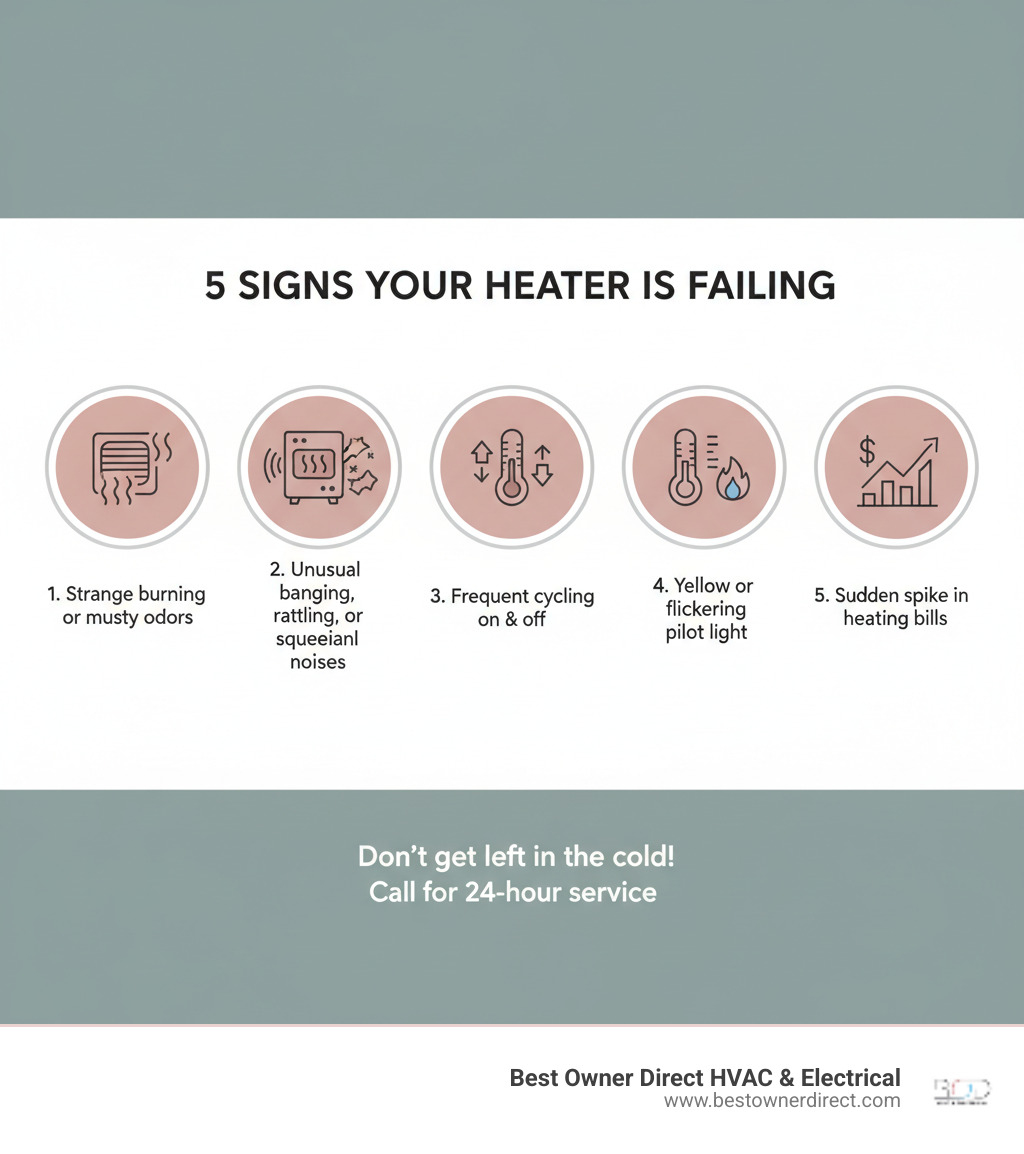 Infographic showing the top 5 signs your heater is about to fail: 1. Strange burning or musty odors from vents, 2. Unusual banging, rattling, or squealing noises, 3. Frequent cycling on and off without maintaining temperature, 4. Yellow or flickering pilot light instead of steady blue flame, 5. Sudden spike in heating bills indicating inefficiency - heating 24 hour service in tigard or infographic 