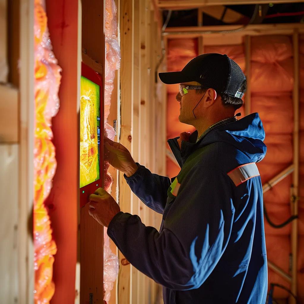 Technician performing a home energy audit with thermal imaging camera