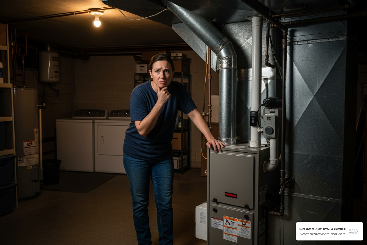 homeowner looking at their furnace with concern - residential furnace maintenance lake oswego or homeowner looking at their furnace with concern - residential furnace maintenance lake oswego or