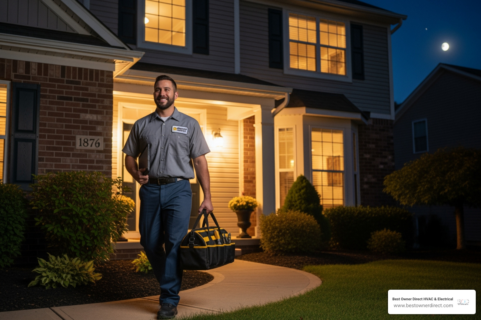 A friendly, professional technician arriving at a home at night with a toolbag, ready to help. - heating 24 hour service in beaverton or