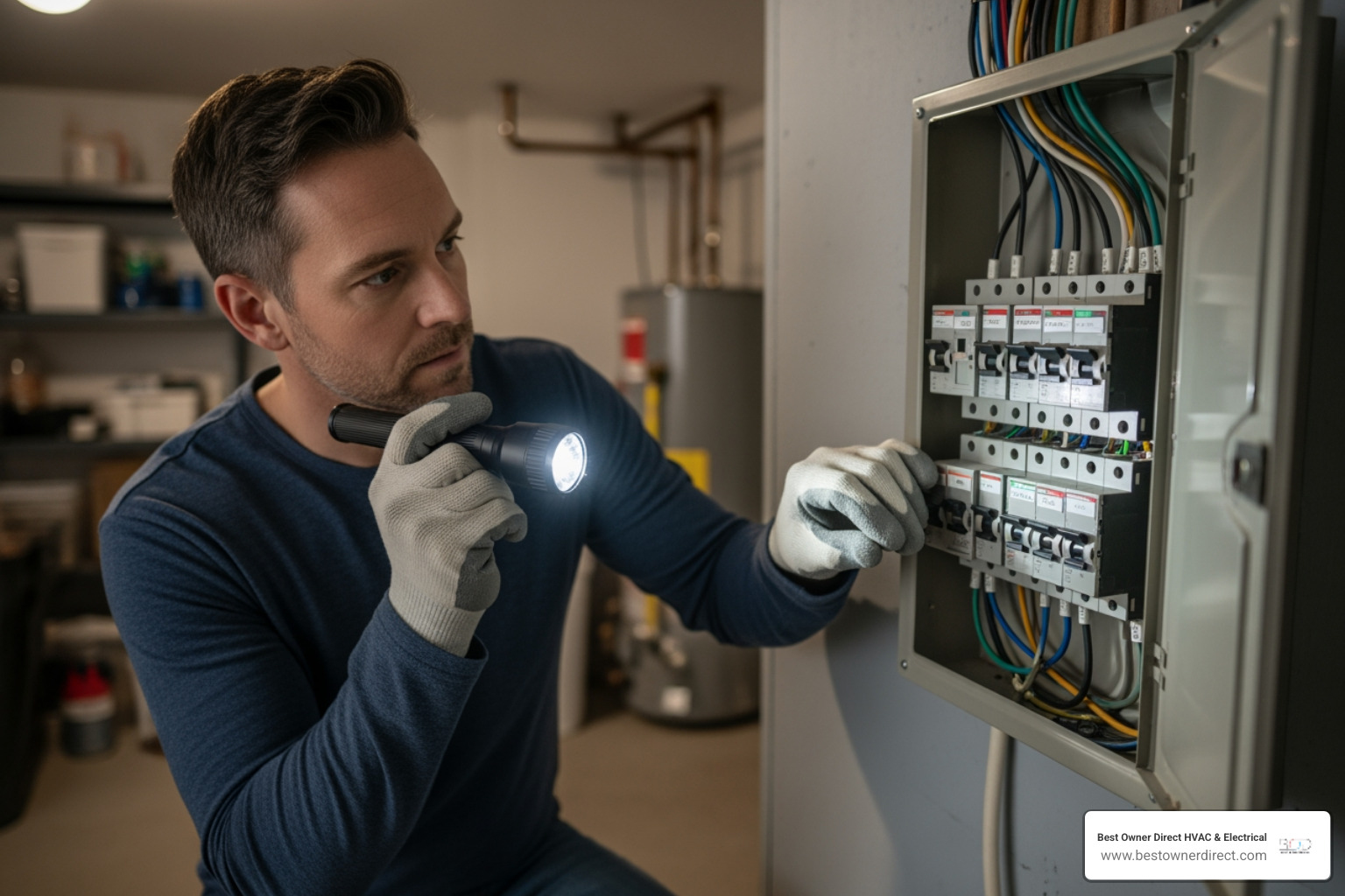 A homeowner safely checking a home's circuit breaker panel with a flashlight. - heating 24 hour service in beaverton or