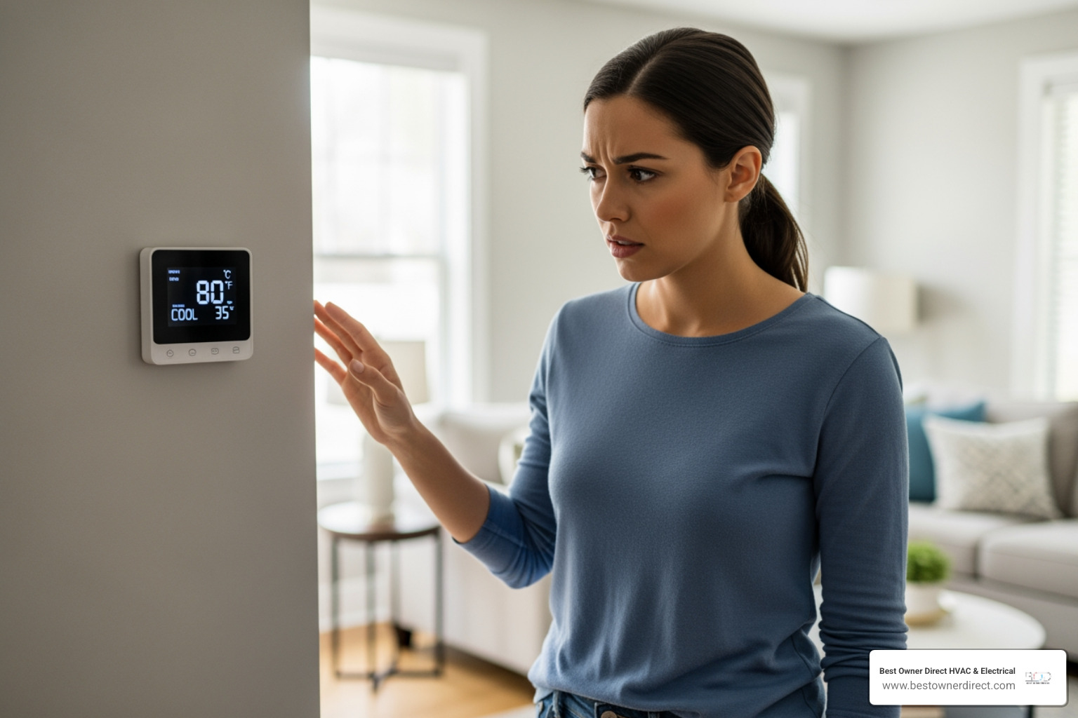 homeowner looking concerned at thermostat - heating best company in tigard or