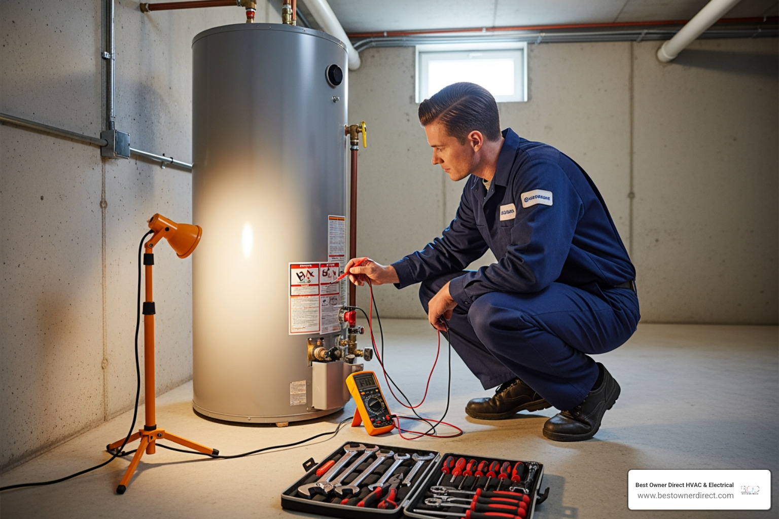 professional technician inspecting a water heater with tools - water heaters repair in tigard or professional technician inspecting a water heater with tools - water heaters repair in tigard or