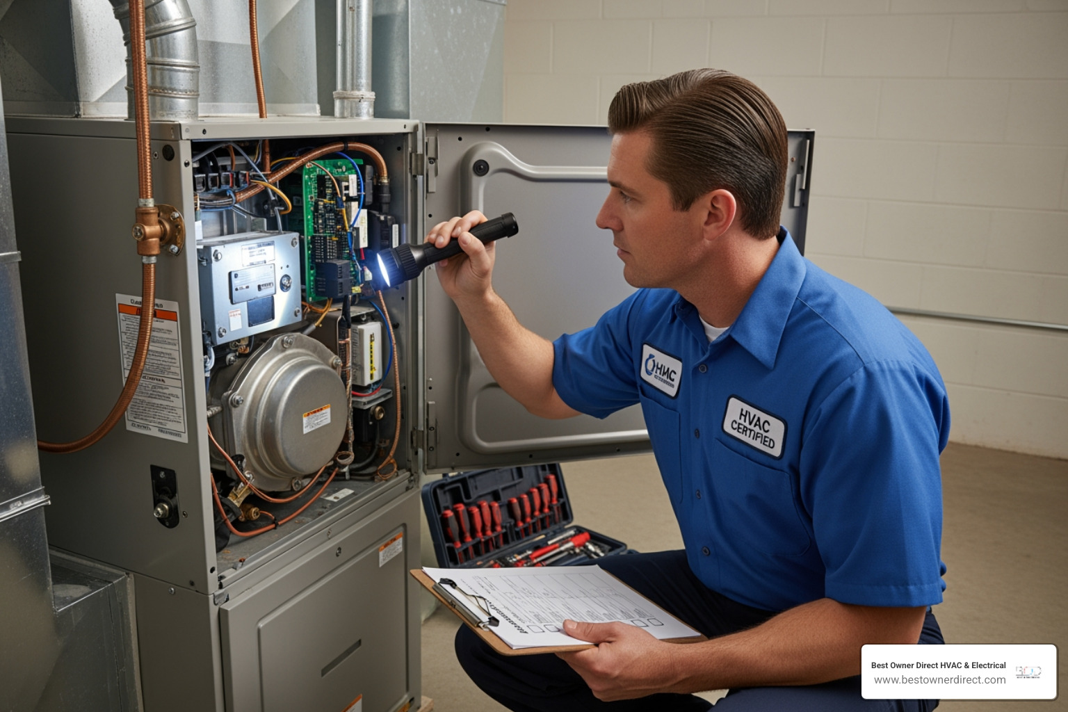 A professional HVAC technician meticulously inspecting the internal components of a residential furnace with a flashlight and checklist - residential furnace maintenance beaverton or