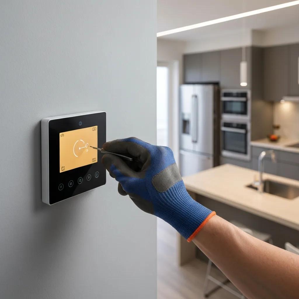 Close-up of a smart thermostat showing a modern control interface