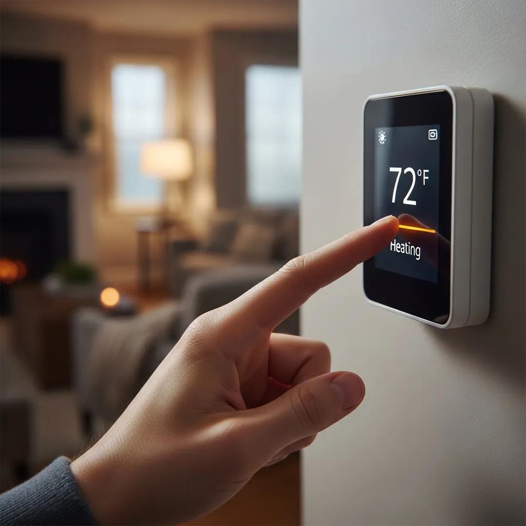 Someone adjusting a digital thermostat — thermostat settings are often the first thing to check when heating fails