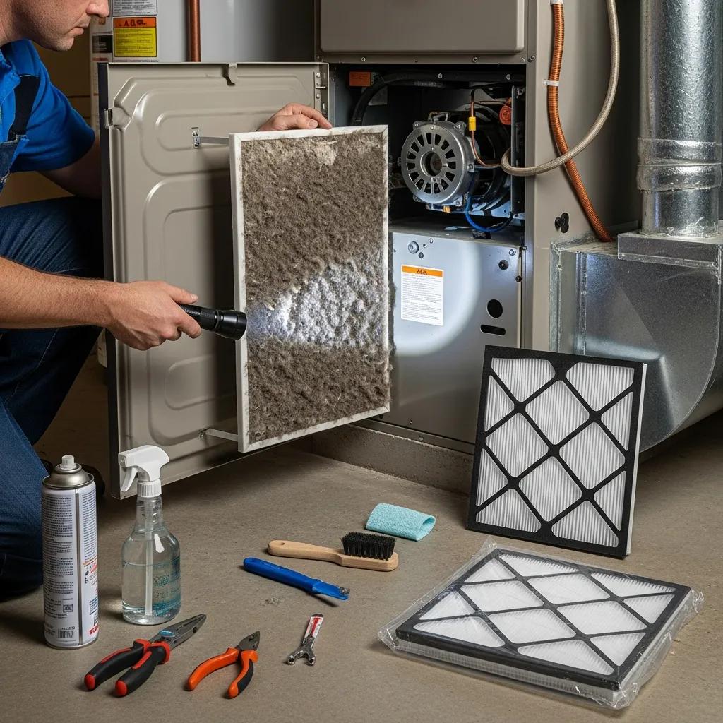 Inspecting a dirty furnace air filter — keeping filters clean helps maintain heating performance