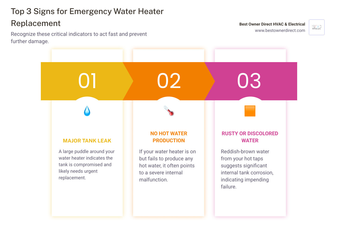Infographic showing the top 3 signs requiring emergency water heater replacement: a large puddle indicating major tank leak, a thermometer showing no hot water production, and discolored rusty water coming from a faucet - emergency water heater replacement in beaverton, or infographic pillar-3-steps Infographic showing the top 3 signs requiring emergency water heater replacement: a large puddle indicating major tank leak, a thermometer showing no hot water production, and discolored rusty water coming from a faucet - emergency water heater replacement in beaverton, or infographic pillar-3-steps