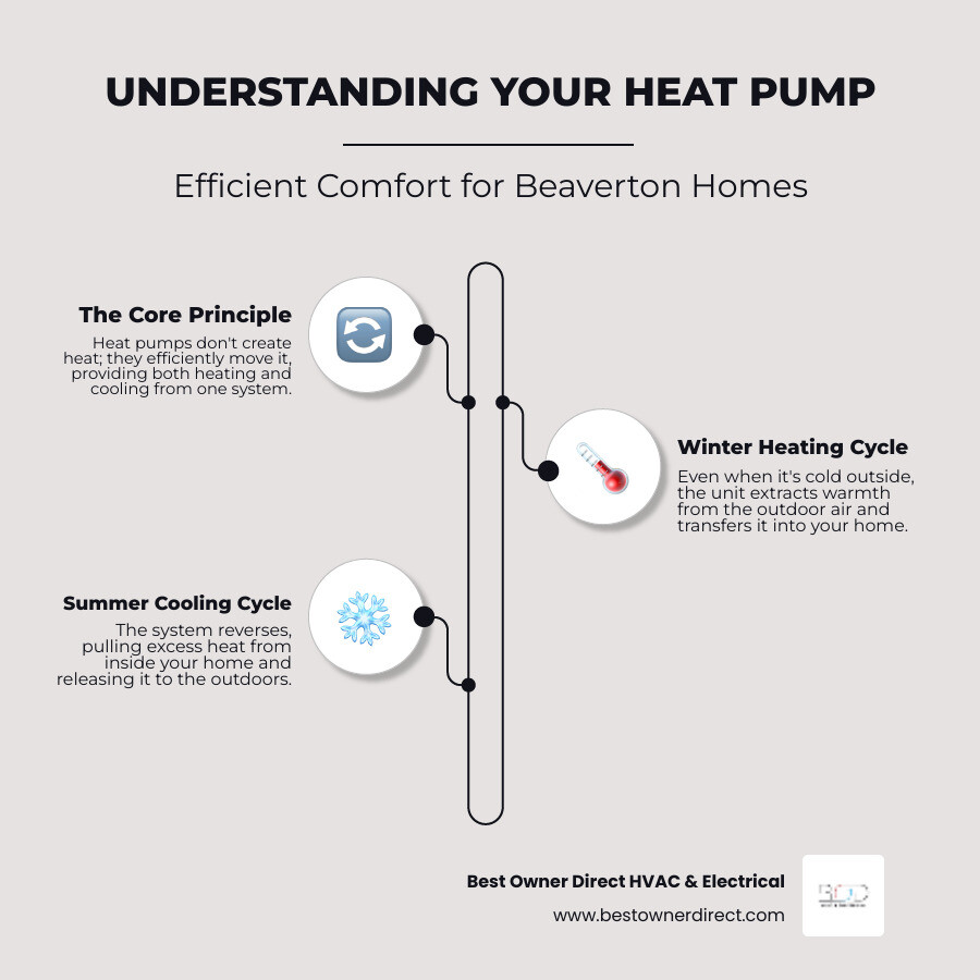 Infographic showing how a heat pump transfers heat from outside to inside during winter heating mode, and reverses the process during summer cooling mode, with labeled components including outdoor unit, indoor unit, refrigerant lines, and thermostat - Who can I call for fixing a heat pump in Beaverton, OR?" infographic infographic-line-3-steps-elegant_beige
