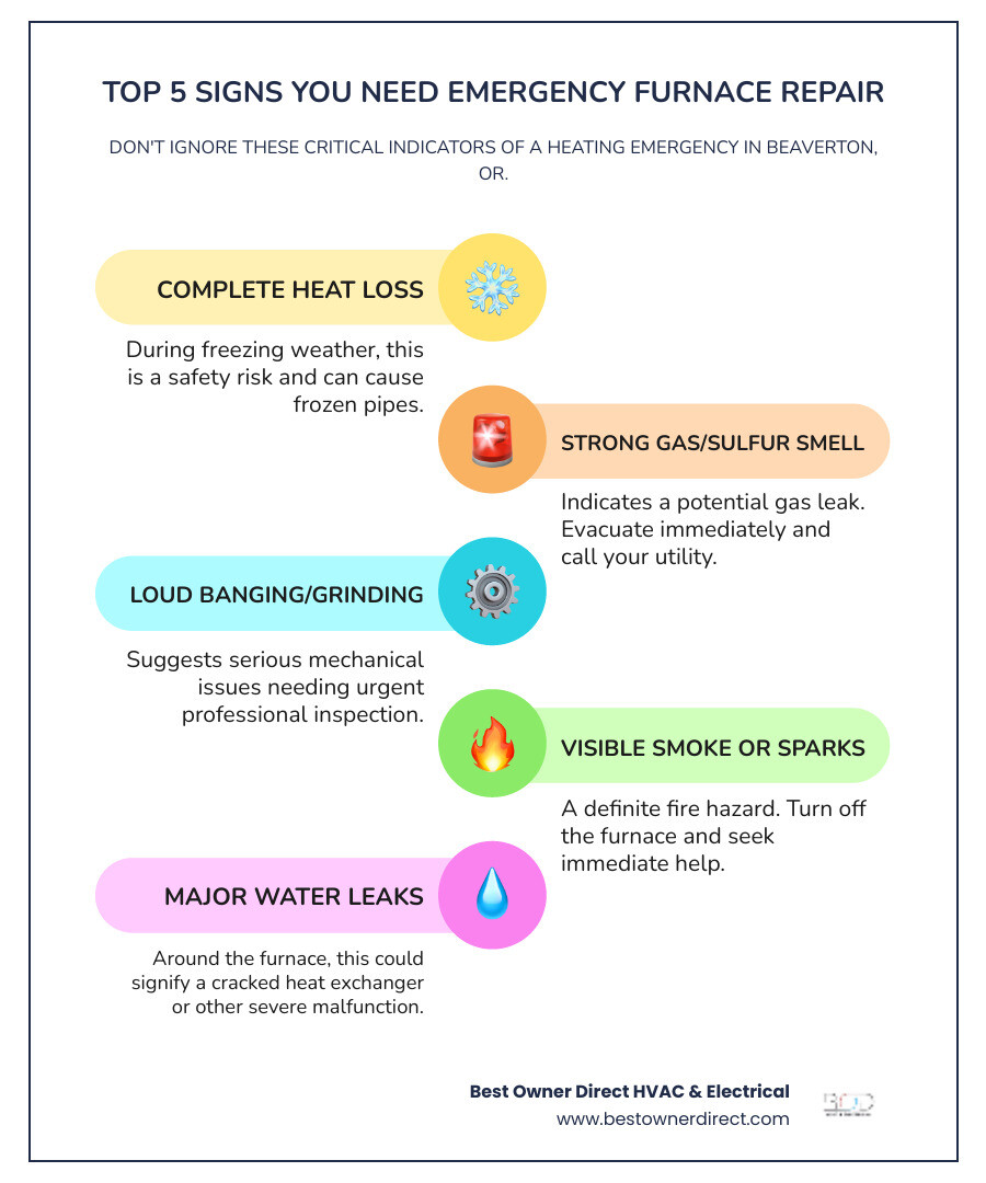 infographic showing the top 5 signs you need emergency furnace repair: complete loss of heat in freezing weather, strong smell of gas or sulfur, loud banging or grinding noises, visible smoke or sparks, and major water leaks around the furnace - 24 hour furnace maintenance in beaverton, or infographic infographic-line-5-steps-colors infographic showing the top 5 signs you need emergency furnace repair: complete loss of heat in freezing weather, strong smell of gas or sulfur, loud banging or grinding noises, visible smoke or sparks, and major water leaks around the furnace - 24 hour furnace maintenance in beaverton, or infographic infographic-line-5-steps-colors