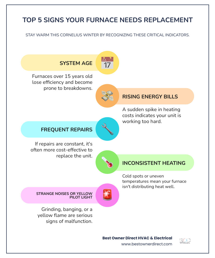 infographic showing the top 5 signs a furnace needs replacement: system age over 15 years, frequent repairs, rising energy bills, inconsistent heating throughout the home, and unusual noises or yellow pilot light - best furnace installation in cornelius, or infographic infographic-line-5-steps-colors