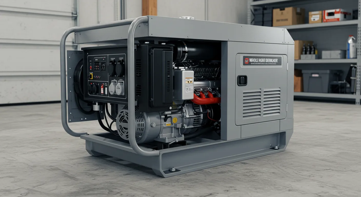 A large, grey industrial backup generator is positioned in a clean garage or warehouse setting