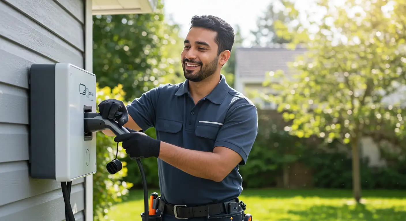 An electrician wearing black gloves secures a charging cable into a modern home EV charger